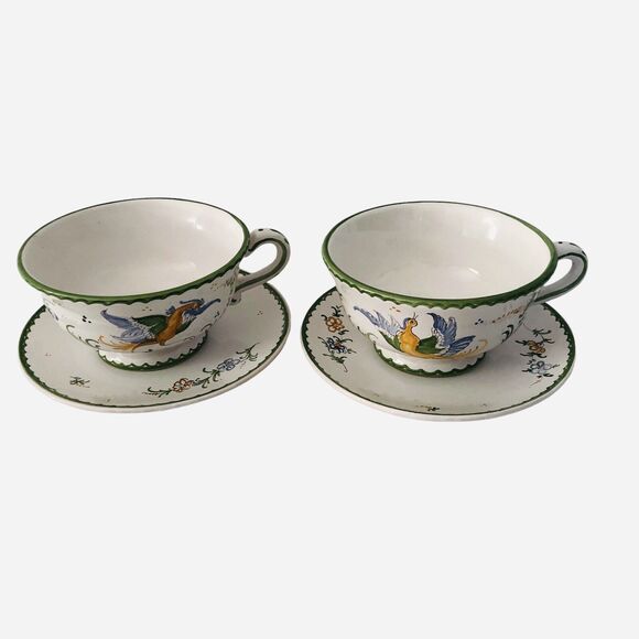 French Pottery Cup and Saucer Hand Painted Birds Signed Atelier du Chateau Set 2 - Picture 13 of 14